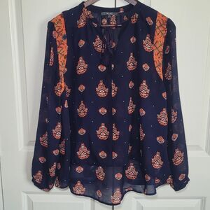 Miss‎ Me Sheer Blouse Size S Blue Orange Tie Neck Boho